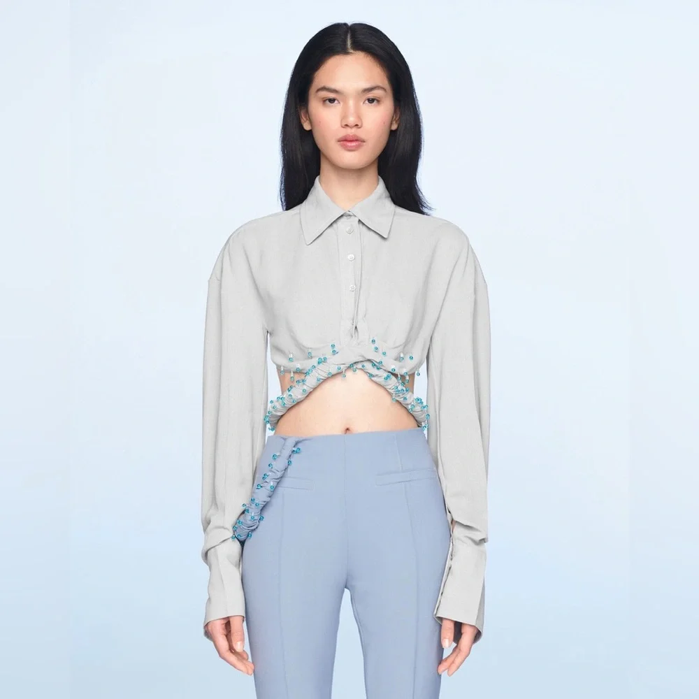 Jacquemus Stylish Powder Blue/Gray Cropped Blouse - Picture 4 of 15